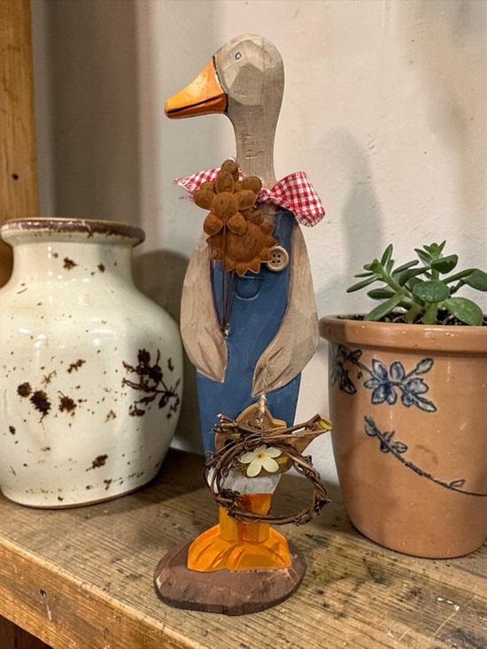 Handmade Other - Vintage Wood Carved Goose Freestanding 12” Figure Duck W/Basket Statue Rare Find